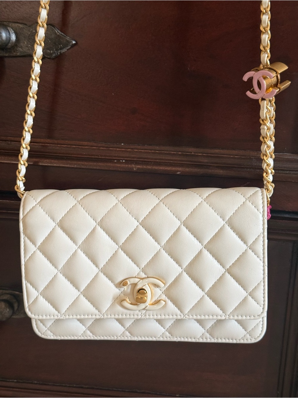 CHANEL Cream Quilted Leather Chain Crossbody with Gold Hardware